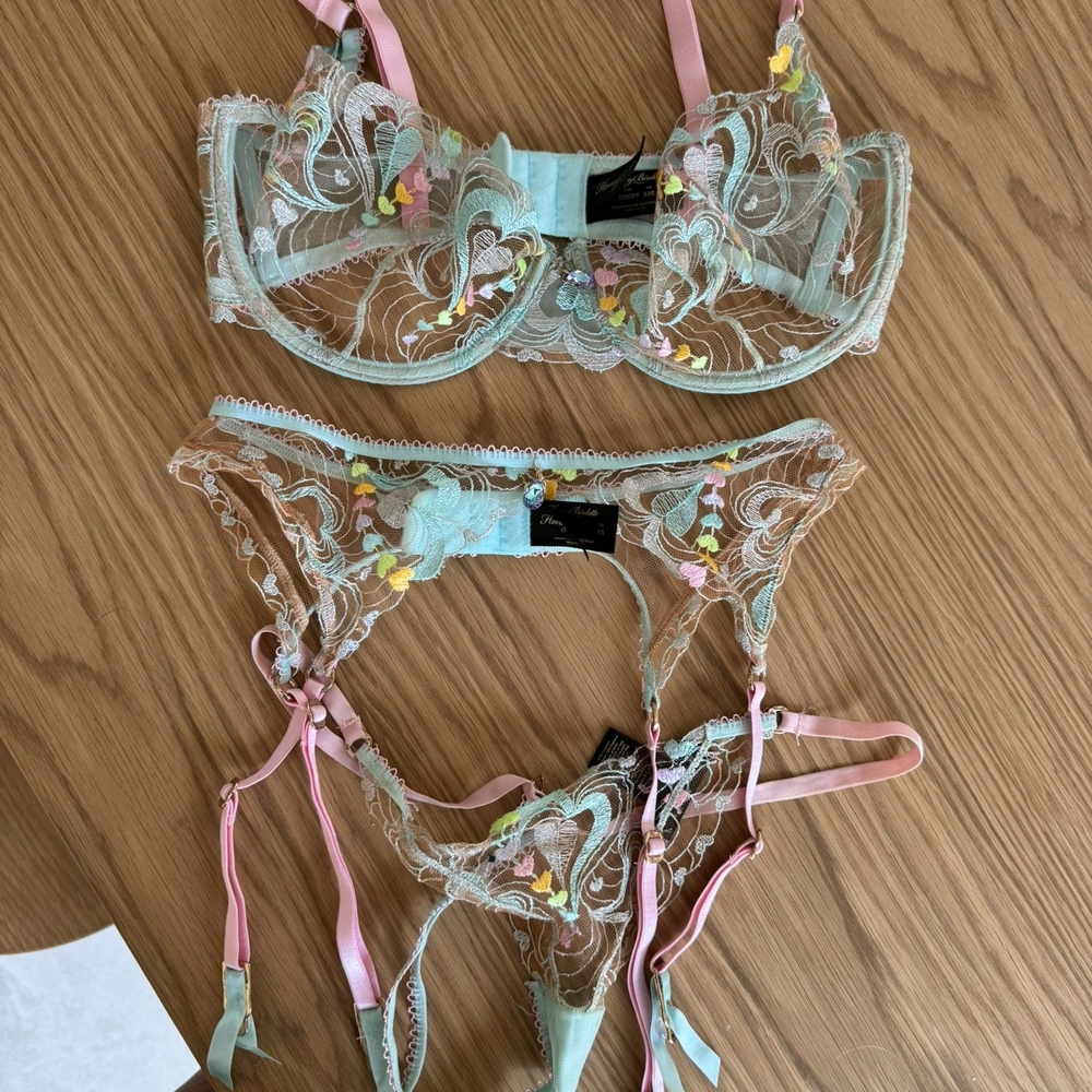 Honey Birdette Lace Bra Set in Pastel Blue and Pink